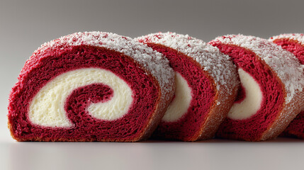 Festive Red and White Roll Cake with a Sugar Dusting. Ideal for bakery menus, dessert advertisements, recipe blogs, or packaging for baked goods.