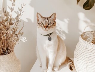 A domestic cat with striking green eyes sits calmly amidst natural home decor, bathed in warm sunlight, creating a serene and inviting atmosphere
