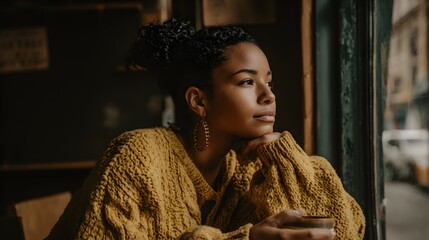 Thoughtful young woman gazing out a window.