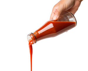 Vibrant red sauce pours from a clear glass bottle. A fluid stream flows downwards, presented as a transparent, isolated png.
