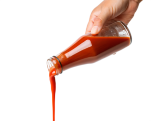 Vibrant red sauce pours from a clear glass bottle. A fluid stream flows downwards, presented as a transparent, isolated png.