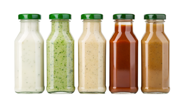 Five glass bottles filled with different colorful sauces stand neatly arranged on a transparent background, isolated as a clean png.