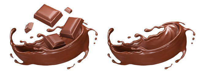 Chocolate Splash with Chocolate Bar, Delicious Melted and Solid Cocoa Treat 3D Illustration Isolated
