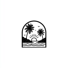 Naklejka premium Simple black and white graphic of tropical sunrise