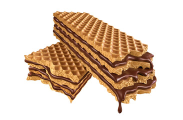 Crispy Wafer broken with splashing chocolate 3D realistic food illustration