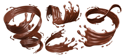 Chocolate splash swirl set, 3D liquid chocolate design isolated