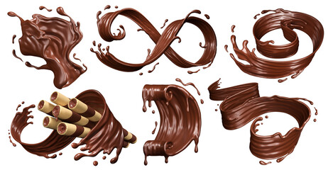 Chocolate splash with wafer roll, 3D dessert swirl isolated