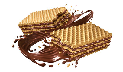 Crispy Wafer broken with splashing chocolate 3D realistic food illustration