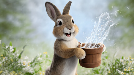 A cute little rabbit holding a bucket of water, set against a vibrant nature background with green grass and flowers, embodying a joyful Easter concept full of springtime freshness.