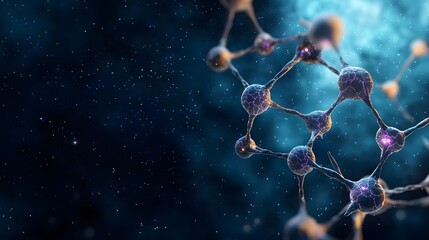 The image contains a detailed digital rendering of neuron-like structures with glowing purple accents against a backdrop of dark blue space dotted with sparkling stars.