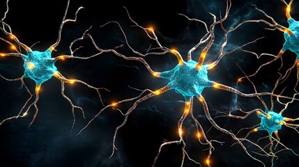 The image displays a detailed, artistic rendering of several neurons against a dark background, showcasing their intricate structure and the glowing energy that transmits signals.