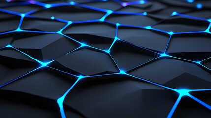 The image features a geometric pattern of dark, polygonal shapes interconnected by bright blue lines, creating a modern and futuristic aesthetic with glowing nodes.