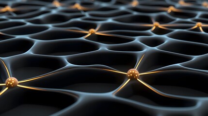 The art shows an abstract network of gold spheres connected by similar lines over a textured, dark grey surface, creating an intricate, futuristic design with a deep perspective.
