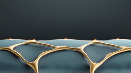 This photograph showcases an abstract network of golden, organic-looking structures intersecting across a smooth, bluish surface, set against a dark, muted backdrop.