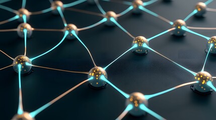 The image showcases a network of golden spheres connected by glowing blue lines against a dark, textured background creating a hi-tech, futuristic interconnected tech aesthetic.