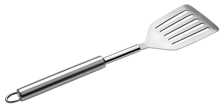 A durable stainless steel slotted spatula with a bright silver handle is isolated, a transparent png image of this common kitchen tool.