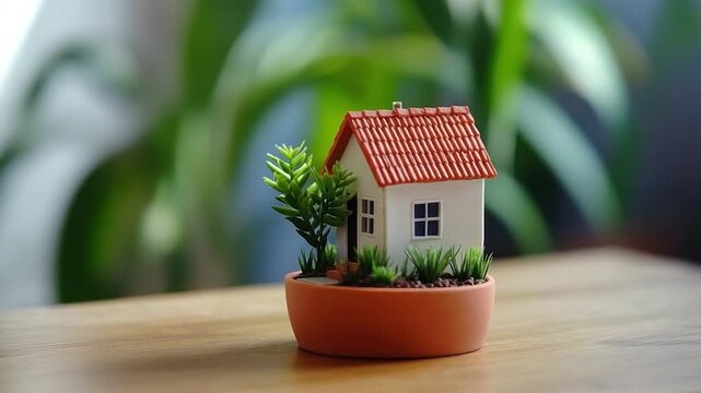 Miniature house in a terracotta pot, surrounded by greenery