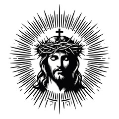 Silhouette of Jesus Christ with a crown of thorns, cross on chest, and radiating light.