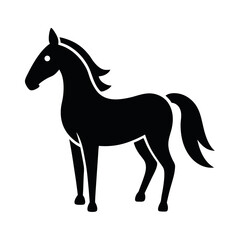 Standing Black Horse Silhouette with Curled Mane and Tail on White Background
