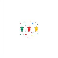 Three colorful stars, green, red, and yellow, surrounded by small confetti, on a white background