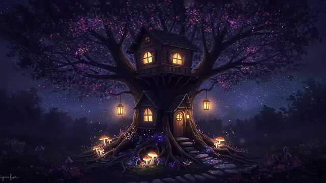 Enchanted Treehouse Night Scene.