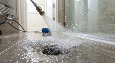 High pressure water jet cleaning drain in modern bathroom - professional plumbing maintenance service