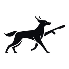 Abstract Black Dog Icon with Antlers and Rifle Silhouette Logo Design Concept