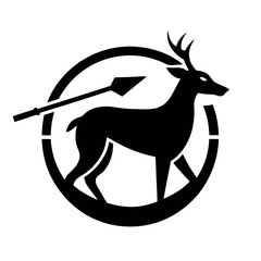 Black Deer Silhouette with Spear in Broken Circle, Isolated on White Background Illustration