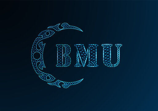 Low poly letter logo BMU design. BMU letter logo low poly vector design on blue color gradient background. BMU logo low poly design