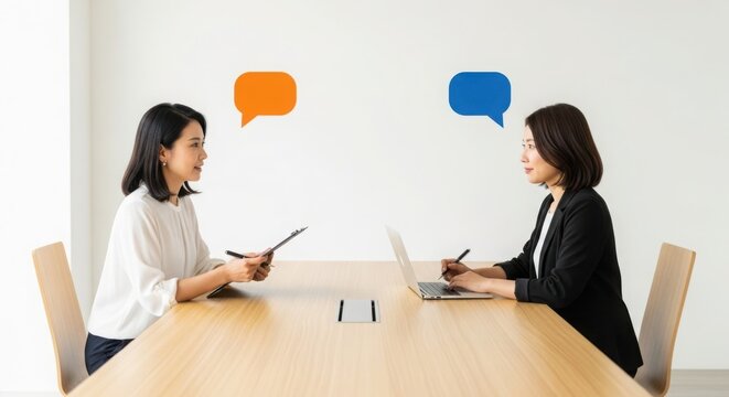 Two businesswomen in a meeting discussing ideas with speech bubbles