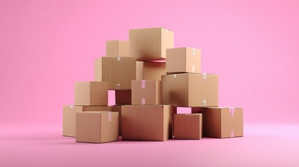 Fototapeta premium Stacked cardboard boxes on soft pink background for shipping concept