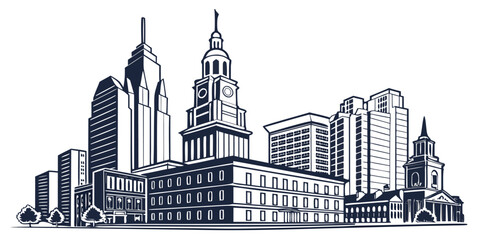 Fototapeta premium Philadelphia Skyline Vector: Liberty Place, Comcast Technology Center & Independence Hall