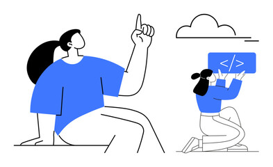 Two figures in a casual setting discussing coding ideas, one pointing upwards. Ideal for teamwork, creativity, brainstorming, coding, innovation, education, simple landing page