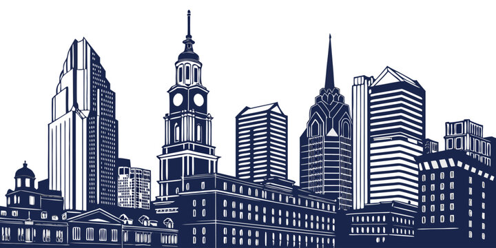 Vector Philadelphia Silhouette: Iconic Liberty Place, Comcast Center & Independence Hall
