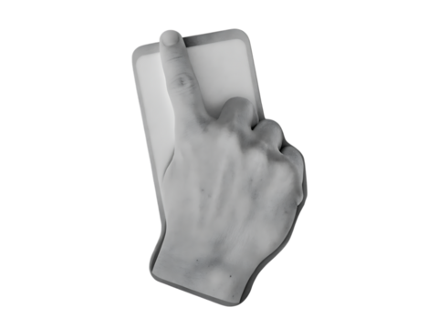 A grayscale image showing a hand holding a phone with a finger touching the screen on black background created with generated ai