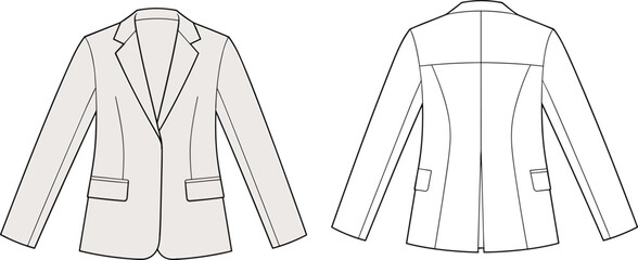 Formal women's blazer fashion flat sketch, front and back view, tailored jacket design, vector illustration, apparel technical drawing template