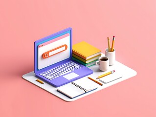 3d isometric illustration of a modern desk setup with a laptop books and stationery on a pink background