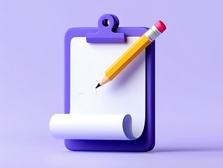 A 3d render of a purple clipboard with a blank white paper and a yellow pencil