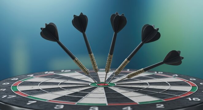 Five black dart arrows hitting bullseye center of dartboard - precision targeting success concept