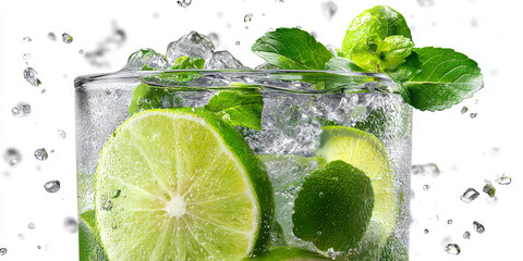 Fresh mojito with muddled mint and lime slices, sparkling water, and ice creates refreshing drink experience