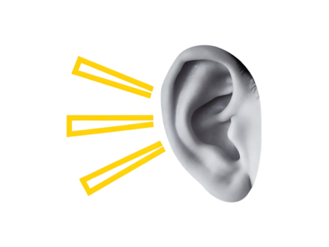A grayscale ear with yellow sound waves emanating from it on a black background illustration created with generated ai