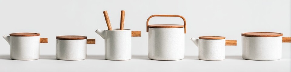 White ceramic containers with wooden lids and handles