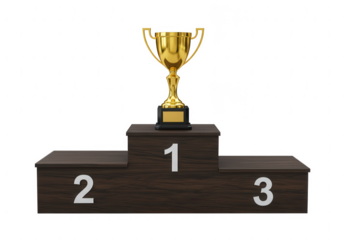 Golden championship trophy displayed proudly on a wooden first place podium isolated on transparent background