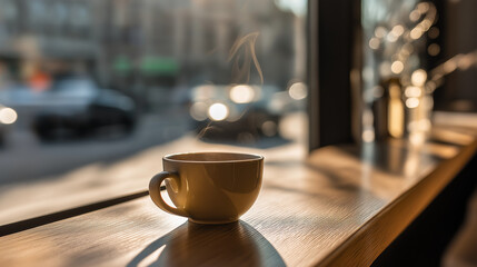 A steaming cup of coffee on a cafe table, warmed by morning sunlight.