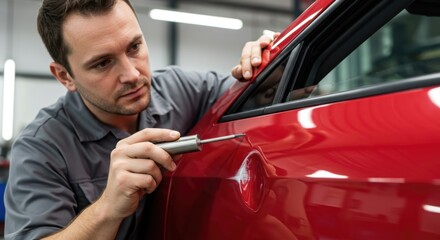 Auto mechanic using paintless dent repair tool on red car door - professional automotive bodywork