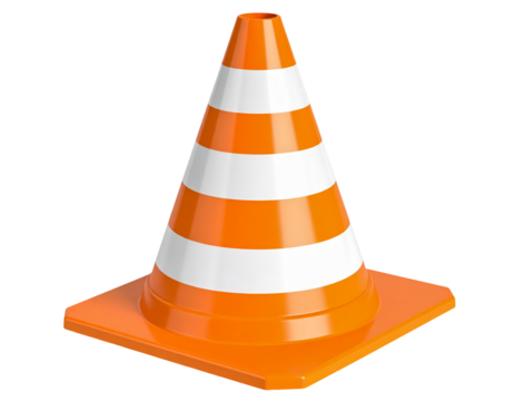 Orange cone traffic safety road construction barrier warning hazard sign on transparent background