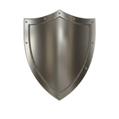 A polished metallic medieval kite shield with rivets isolated on transparent background