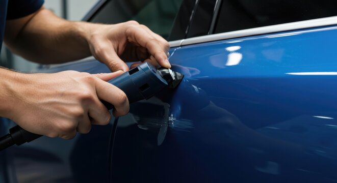 Auto mechanic using paintless dent repair tool on blue car door