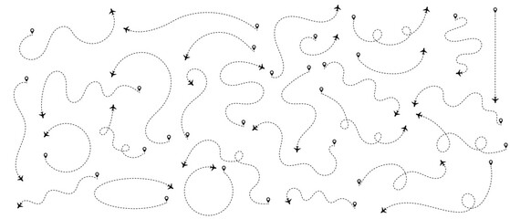 Line with plane icon for travel and flight trip, air map. Dashed route with dots and trace for airport plan or destination background. Simple graphic elements set