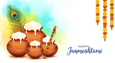 Illustration for happy janmashtami with butter pots flute peacock feather and marigold garland